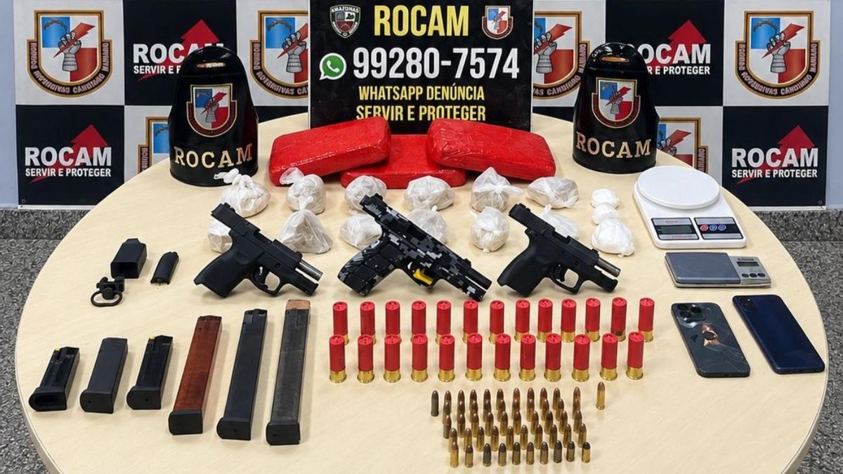 PM reage rápido e prende dupla envolvida em atentado contra capitão no Novo Israel 1 armas municoes drogas e outros materiais apreendidos com os suspeitos de envolvimento no ataque a um capitao da pm em manaus foto divulgacao pmam